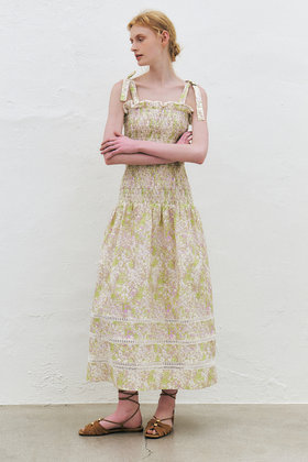 KUME(쿠메) Ribbon Smocked Long Dress, Lime | S.I.VILLAGE (에스아이빌리지)